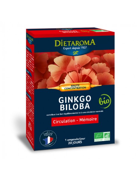 Achetez C.I.P. Ginkgo Biloba Bio - Circulation et Mémoire 20 ampoules - Dietaroma à l'herboristerie Louis Image principale de C.I.P. Ginkgo Biloba Bio - Circulation et Mémoire 20 ampoules - Dietaroma