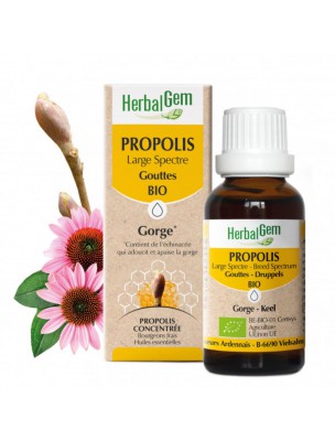 Image de Propolis Bio Large Spectre en gouttes - Système respiratoire 15 ml - Herbalgem via Propos Nature - Gommes Propolis verte Bio Miel et Eucalyptus 45g