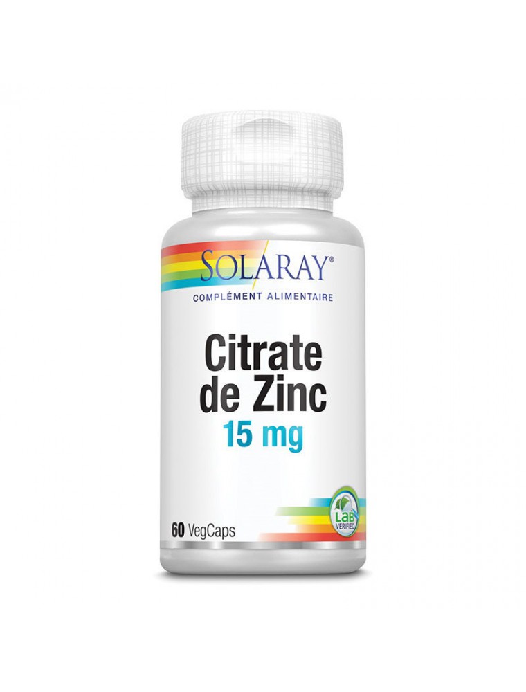 Image principale de la modale pour Citrate de Zinc 15mg - Immunité et Peau 60 capsules végétales - Solaray
