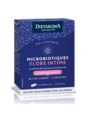 Image de Microbiotiques Flore intime Philaromal - Ferments lactiques 20 gélules - Dietaroma via Dermo Spray Intime Bio - Ballot-Flurin