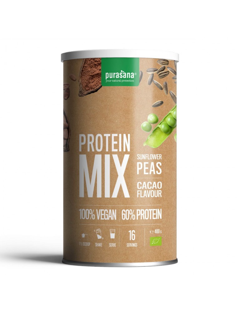 Image principale de la modale pour Protein Mix Cacao Bio - Protéines Végétales Pois et Tournesol 400 g - Purasana