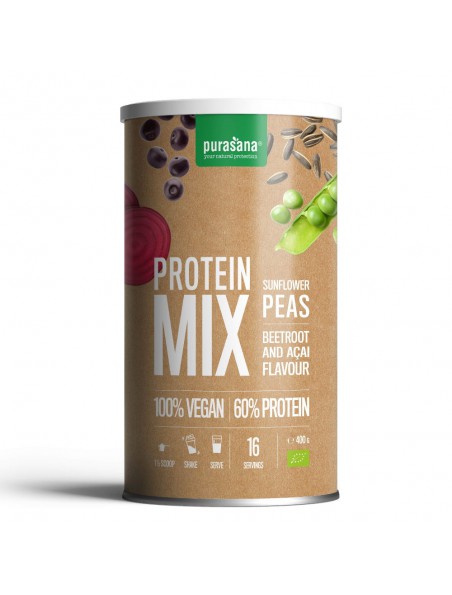 Achetez Protein Mix Açai Bio - Protéines Végétales Pois et Tournesol 400 g - Purasana à l'herboristerie Louis Image principale de Protein Mix Açai Bio - Protéines Végétales Pois et Tournesol 400 g - Purasana