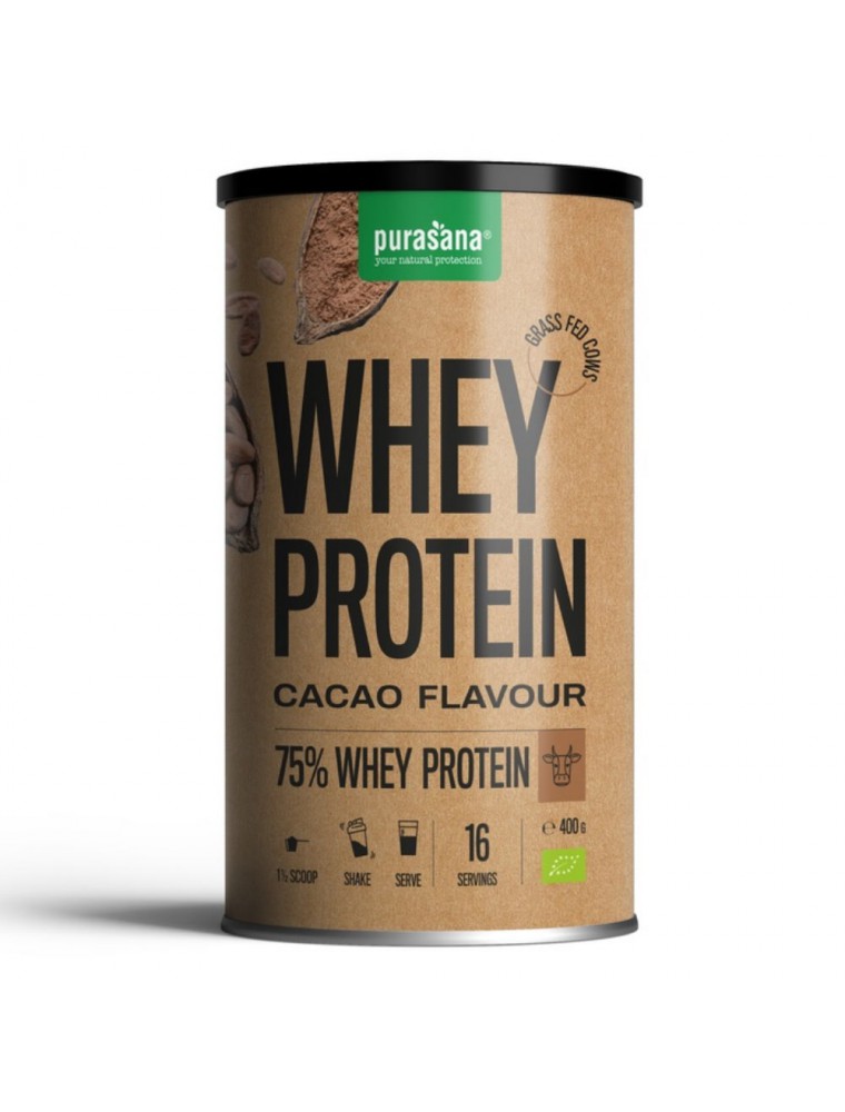 Image principale de la modale pour Whey Protein Bio - Protéines de Petit Lait Cacao 400 g - Purasana