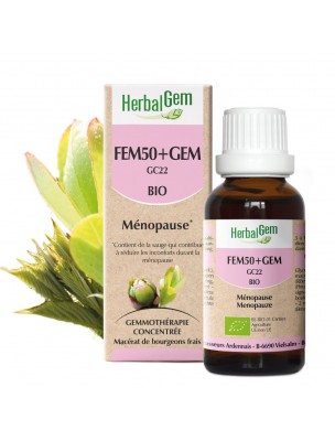 Image de Fem50+GEM GC22 Bio - Troubles de la ménopause 30 ml - Herbalgem depuis Actée à grappes - Ménopause et Articulations 120 capsules - Solaray