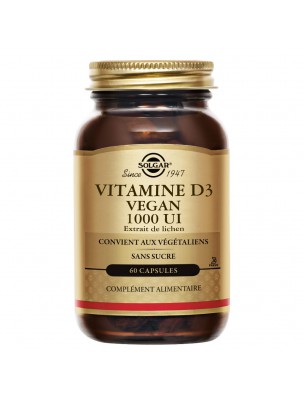 Image de Vitamine D3 1000UI Vegan - Os et défenses immunitaires 60 capsules - Solgar depuis Gamme de complexes apportant la vitamine D
