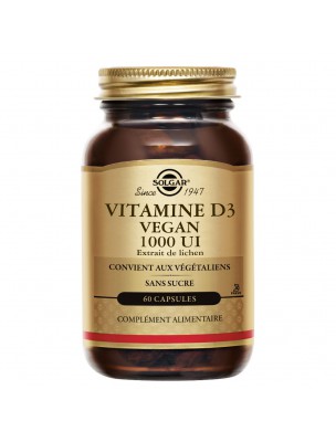 Image de Vitamine D3 1000UI Vegan - Os et défenses immunitaires 60 capsules - Solgar depuis Vitamines naturelles et bio à acheter en ligne
