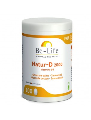 Image de Natur-D 2000 UI (Vitamine D Naturelle) - Ossature saine et Immunité 100 capsules - Be-Life via Vitamines K2 et D3 1000 UI - Fixation du calcium - Be-Life