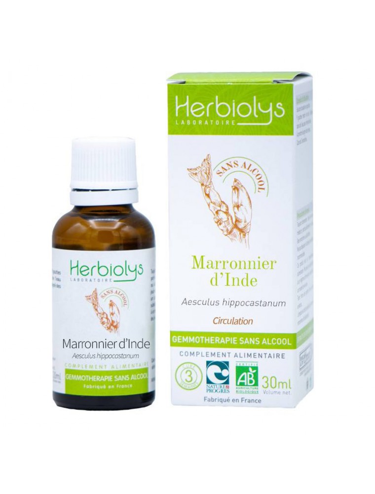 Image principale de la modale pour Marronnier d'inde Macérât de bourgeon Sans Alcool Bio - Circulation et Hémorroïdes 30 ml - Herbiolys
