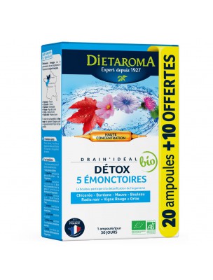 Image de Drain'Idéal Bio -Détox 5 Emonctoires 20 ampoules + 10 offertes - Dietaroma depuis Des plantes proposées en ampoules pour des solutions riches en principes actifs