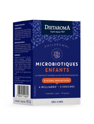 Image de Microbiotiques Enfants Philaromal - Ferments Lactiques 15 sachets - Dietaroma via Roll-on Enfants Bio aux Fleurs de Bach 10 ml - Elixirs and Co