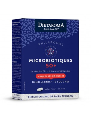 Image de Microbiotiques 50 + Philaromal - Ferments lactiques 30 gélules - Dietaroma depuis Commandez les produits Dietaroma à l'herboristerie Louis