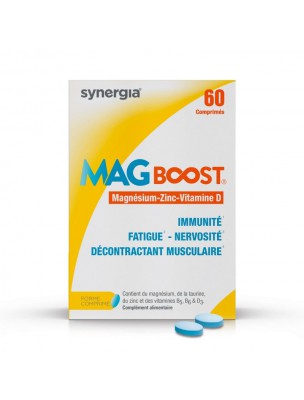 Image de MagBoost - Magnésium et Vitamines (D3, B5, B6) 60 comprimés - Synergia via MagBoost - Magnésium et Vitamines (D3, B5, B6) 20 sachets - Synergia