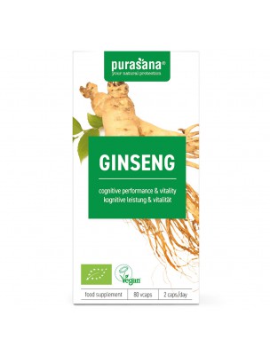 Image de Ginseng Bio - Tonique et fortifiant 80 capsules - Purasana via Acheter Eleuthérocoque Bio - Tonus et vitalité 90 gélules -