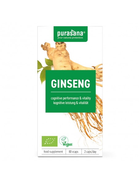 Achetez Ginseng Bio - Tonique et fortifiant 80 capsules - Purasana à l'herboristerie Louis Image principale de Ginseng Bio - Tonique et fortifiant 80 capsules - Purasana
