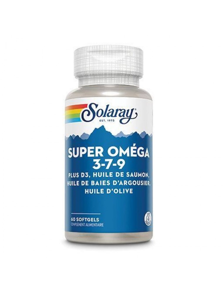 Image principale de la modale pour Super Oméga 3 7 9  et D3 - Huiles de Saumon, de baies d'Argousier, d'Olive 60 capsules - Solaray