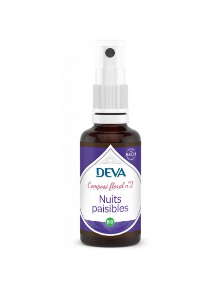 Achetez Nuits Paisibles Bio - Détente et Sommeil paisible Composé floral n°2 Spray de 30 ml - Deva à l'herboristerie Louis Image principale de Nuits Paisibles Bio - Détente et Sommeil paisible Composé floral n°2 Spray de 30 ml - Deva