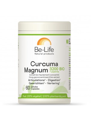 Image de Curcuma et Poivre noir Magnum 3200 Bio - Articulations et Digestion 60 gélules - Be-Life depuis PrestaBlog