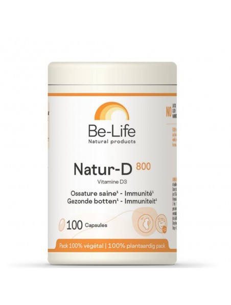 Achetez Natur-D 800 UI (Vitamine D Naturelle) - Ossature saine et Immunité 100 gélules - Be-Life à l'herboristerie Louis Image principale de Natur-D 800 UI (Vitamine D Naturelle) - Ossature saine et Immunité 100 gélules - Be-Life
