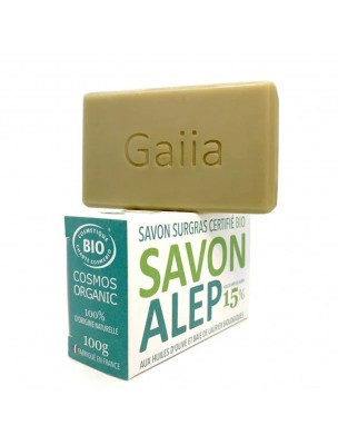 Image de Savon d'Alep - 15% d'huile de baies de laurier 100 g - Gaiia via Lait de jument Bio - Vitalité et Peau 90 gélules - Purasana