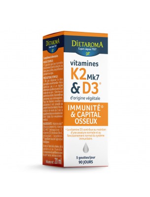 Image de Vitamines K2 Mk7 et D3 - Capital osseux et Immunité 20 ml - Dietaroma via Compl. Fer + Vit. C - Dietaroma - Fatigue 30 comp.