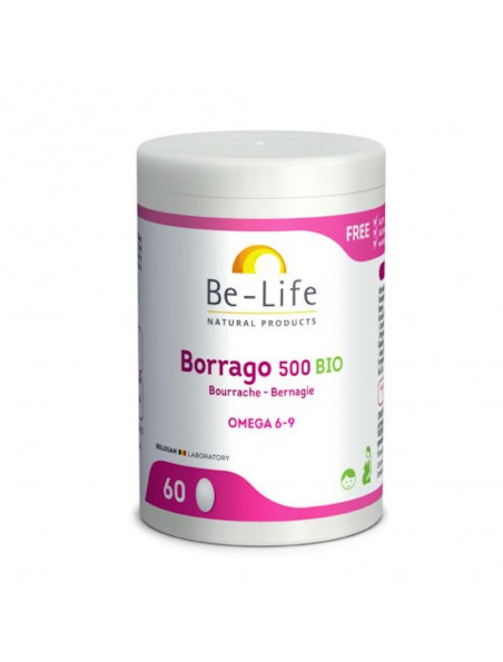 Achetez Borrago 500 Bio - Huile de Bourrache 60 capsules - Be-Life à l'herboristerie Louis Image principale de Borrago 500 Bio - Huile de Bourrache 60 capsules - Be-Life
