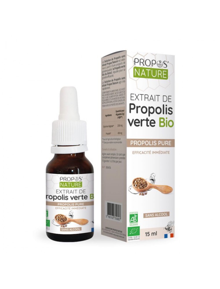 Image principale de la modale pour Propolis Verte Bio Solution sans alcool - Système immunitaire 15 ml - Propos Nature