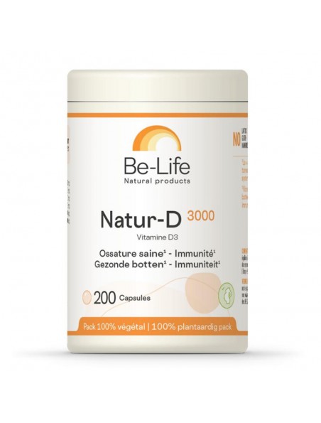 Image principale de Natur-D 3000 UI (Vitamine D Naturelle) - Ossature saine et Immunité 200 capsules - Be-Life