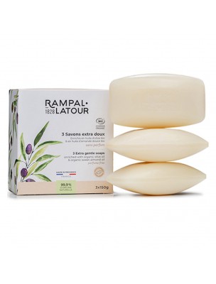 Image de Savons Extra-Doux Hypoallergéniques Bio - Peaux Sensibles Amande Douce 3x150 g - Rampal Latour depuis Achetez les produits Rampal Latour à l'herboristerie Louis