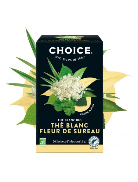 Achetez Fleur de Sureau Bio - Thé Blanc 17 sachets - Choice à l'herboristerie Louis Image principale de Fleur de Sureau Bio - Thé Blanc 17 sachets - Choice