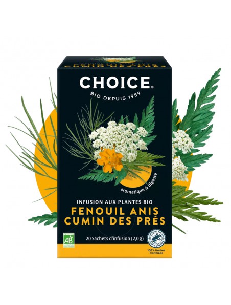 Achetez Fenouil Anis Cumin des Prés Bio - Infusion 17 sachets - Choice à l'herboristerie Louis Image principale de Fenouil Anis Cumin des Prés Bio - Infusion 17 sachets - Choice