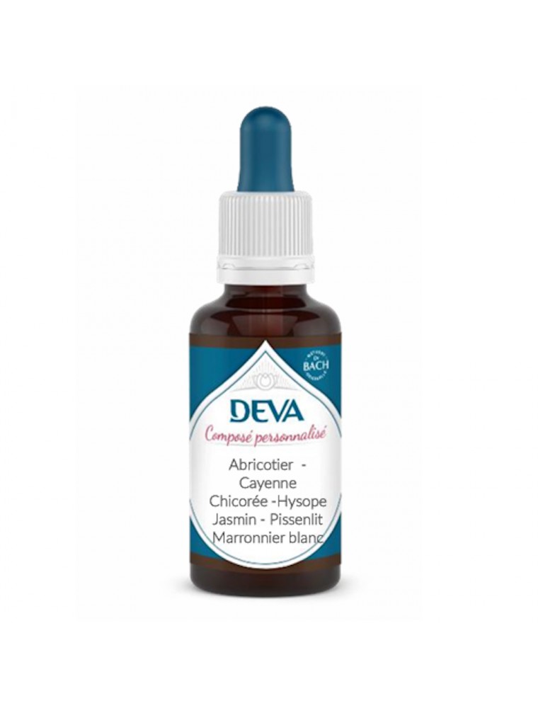 Image principale de la modale pour Composé Abricotier, Cayenne, Chicorée, Hysope, Jasmin, Pissenlit et Marronnier blanc Bio - Minceur Composé floral 30 ml - Deva