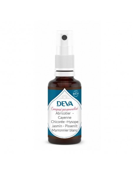 Achetez Composé Abricotier, Cayenne, Chicorée, Hysope, Jasmin Pissenlit Marronnier blanc Bio - Minceur Composé floral Spray 30 ml - Deva à l'herboristerie Louis Image principale de Composé Abricotier, Cayenne, Chicorée, Hysope, Jasmin Pissenlit Marronnier blanc Bio - Minceur Composé floral Spray 30 ml - Deva