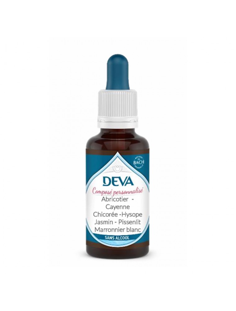 Image principale de la modale pour Composé Abricotier Cayenne Chicorée Hysope Jasmin Pissenlit Marronnier blanc Sans Alcool Bio - Minceur Composé floral 30ml Deva