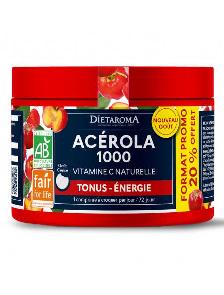Image principale de Acérola 1000 Bio - Pilulier Réduction de la fatigue 60 comprimés + 20% offert - Dietaroma
