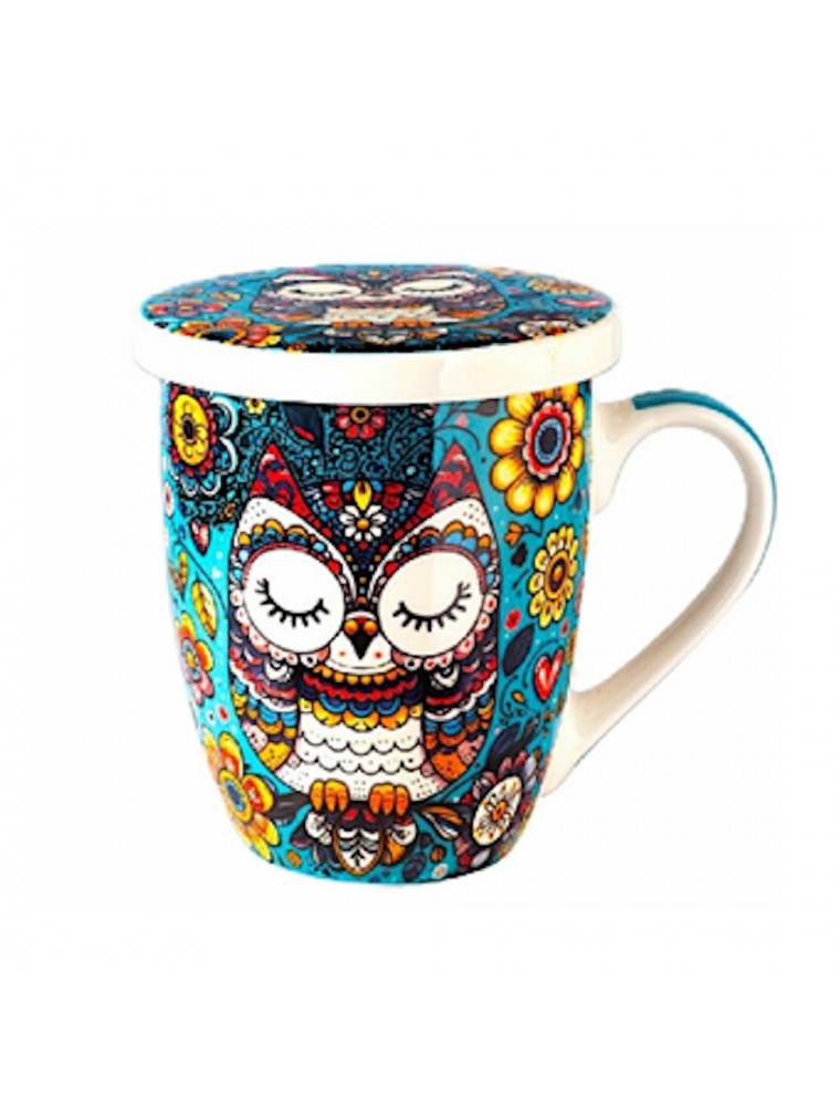 Image principale de la modale pour Tisanière Chouette Yeux Fermés Fond Bleu 3 Pièces en Porcelaine 300 ml