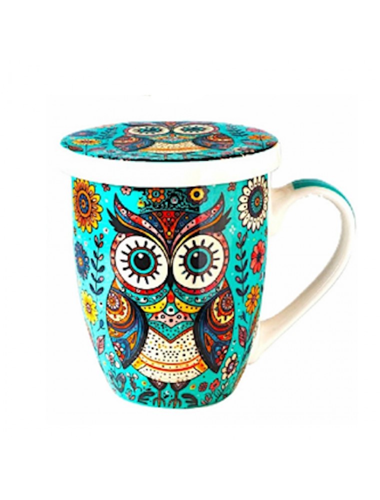 Image principale de la modale pour Tisanière Chouette Yeux Ouverts Fond Bleu 3 Pièces en Porcelaine 300 ml