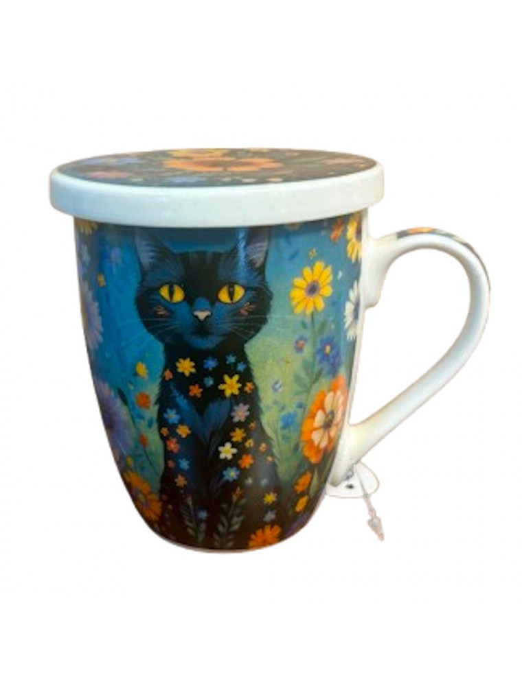 Image principale de la modale pour Tisanière Chat Noir Fleuri 3 Pièces en Porcelaine 300 ml