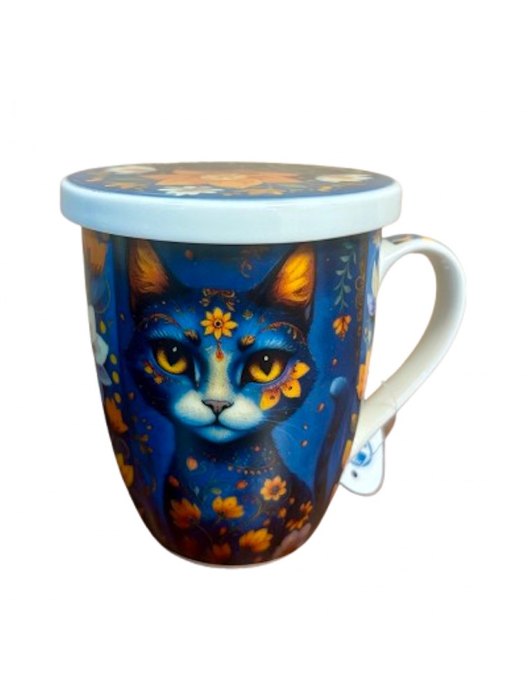 Image principale de la modale pour Tisanière Chat Bleu Fleuri 3 Pièces en Porcelaine 300 ml