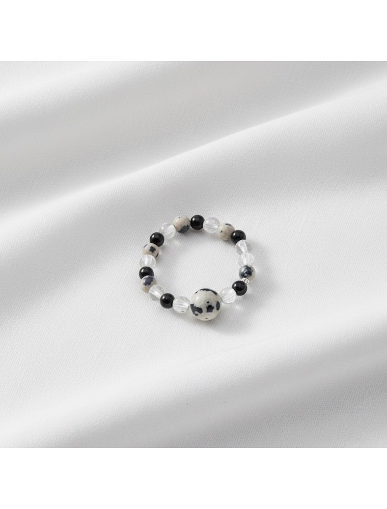Image principale de la modale pour Bague - Cristal de Roche, Onyx et Jaspee Dalmatien - 54 mm