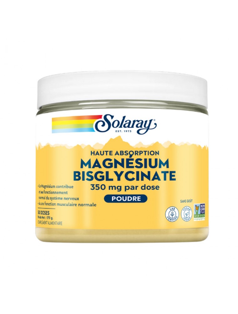 Image principale de la modale pour Magnésium Bisglycinate 350 mg - Stress et Sommeil 179g - Solaray