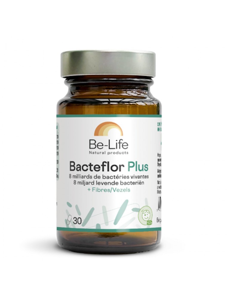 Image principale de la modale pour Bacteflor Plus - Probiotiques 8 milliards de micro-organismes vivants et Fibres 30 gélules - Be-Life