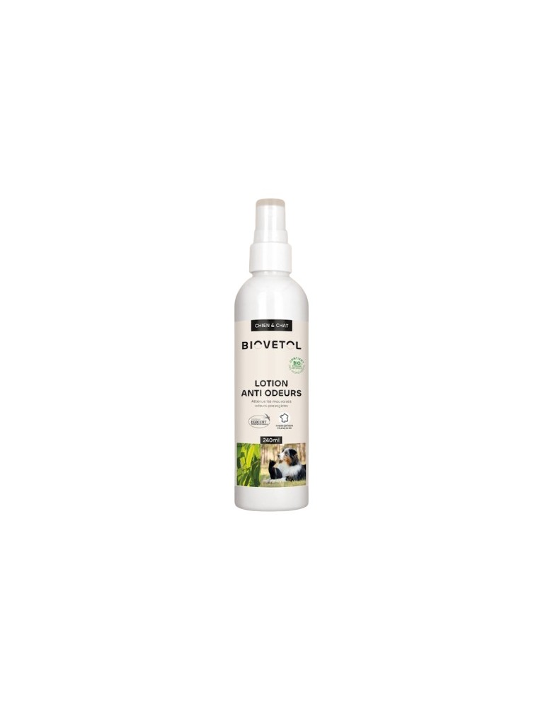 Image principale de la modale pour Lotion Anti-Odeur Bio - Soin du Pelage des Chats et des Chiens 240 ml - Biovetol