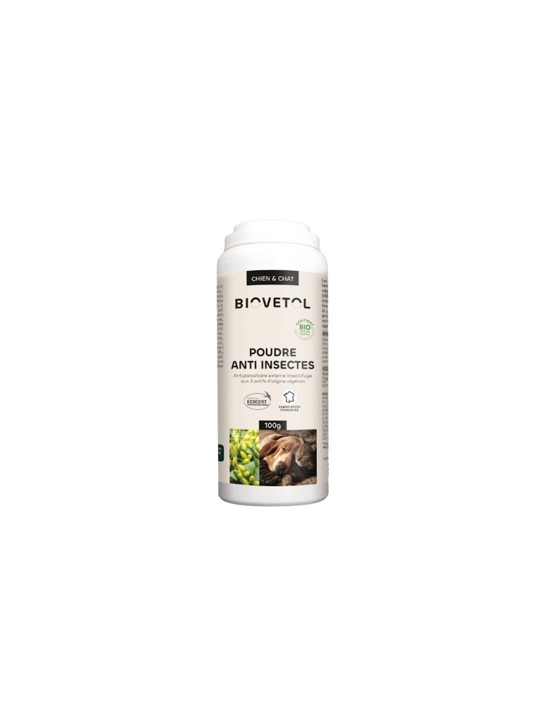 Image principale de la modale pour Poudre Anti-Insectes Bio - Antiparasitaire Externe des Chats et des Chiens 240 ml - Biovetol