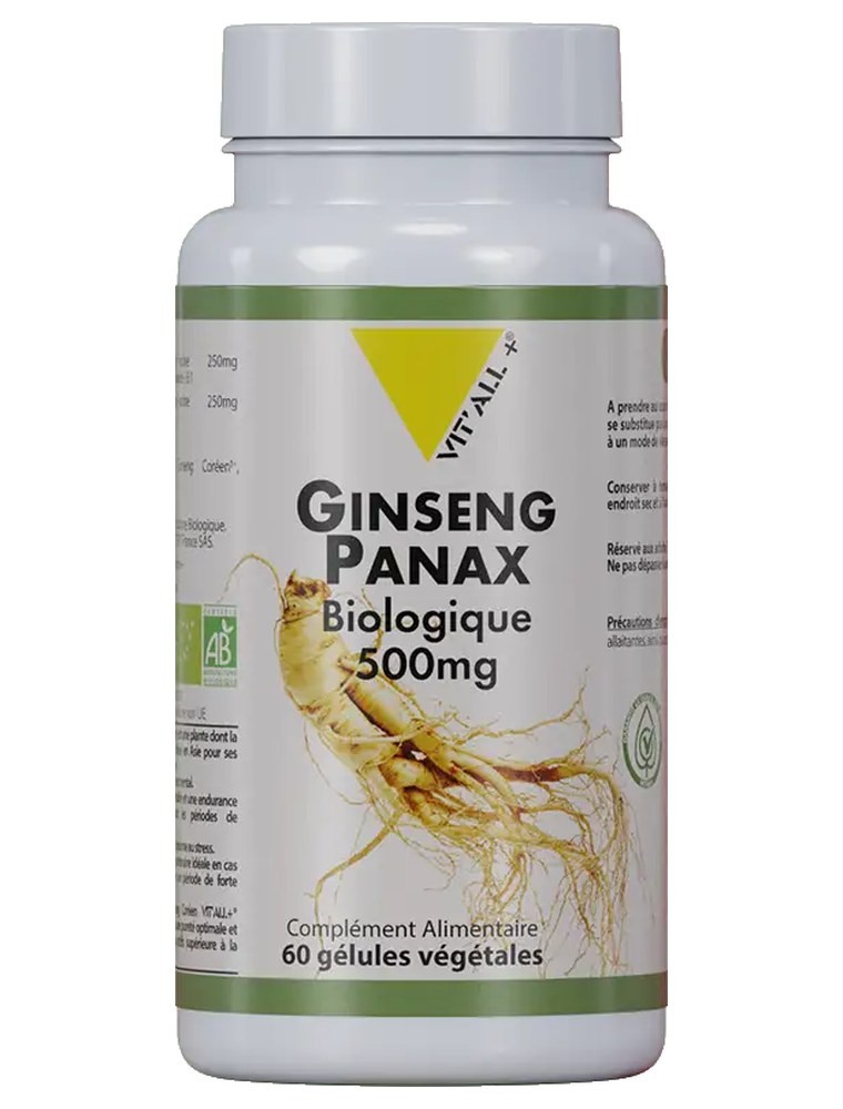 Image principale de la modale pour Ginseng Panax Bio 500 mg - Énergie et Vitalité 60 gélules végétales - Vit'all+