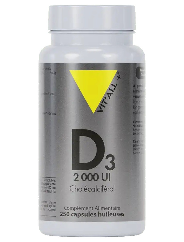 Image principale de la modale pour Vitamine D3 2000 UI Cholécalciférol 50 µg - Os et Immunité 250 capsules - Vit'all+