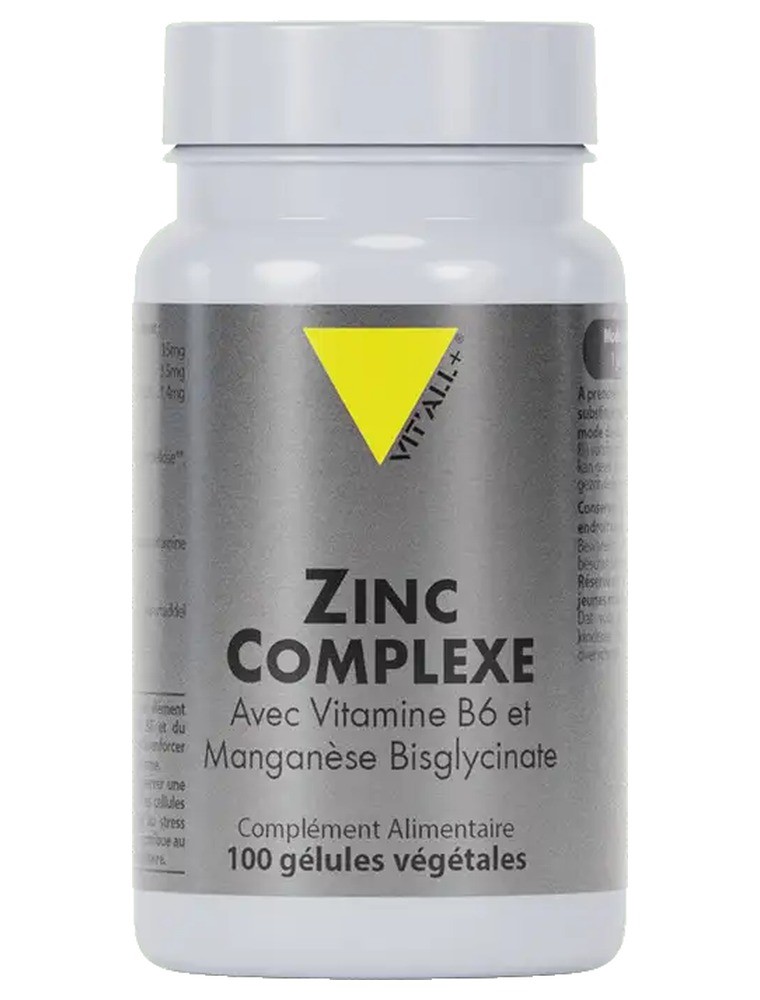 Image principale de la modale pour Zinc Complexe Zinc, Vitamine B6 et Manganèse - Peau et Immunité 100 gélules végétales - Vit'all+