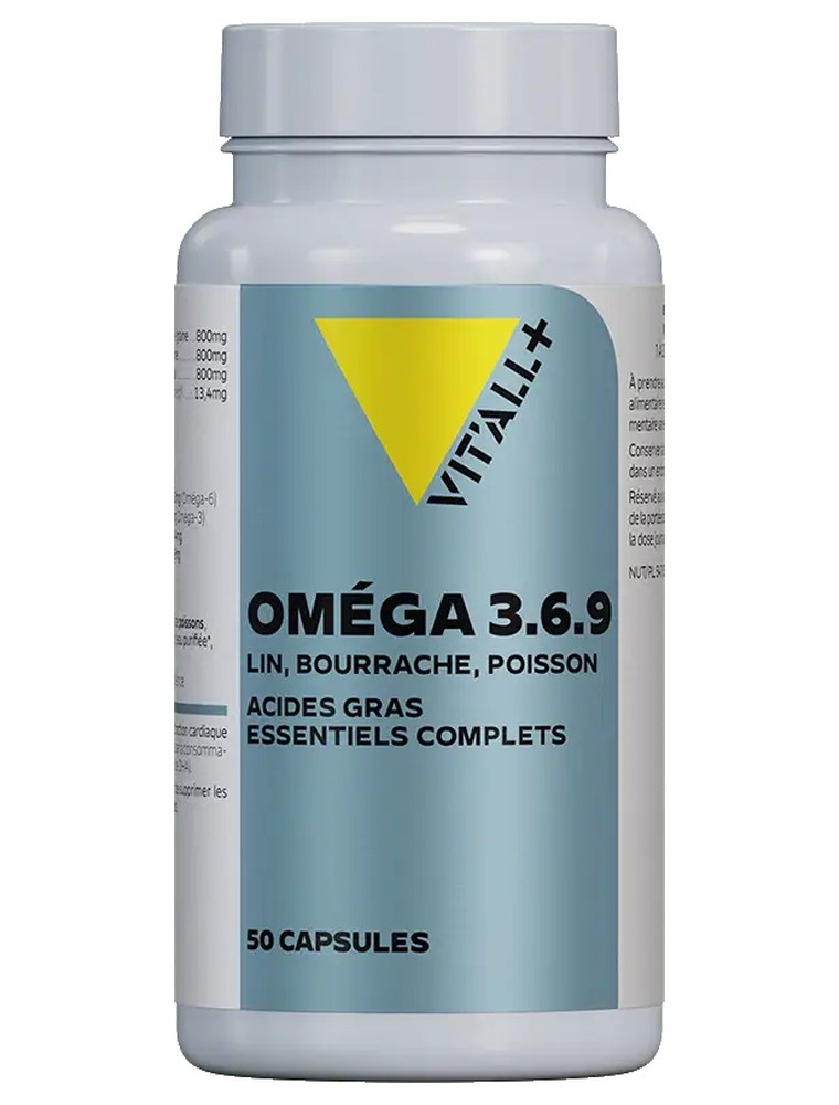 Image principale de la modale pour Oméga 3-6-9 Huiles de Bourrache, Lin et Poisson - Peau et Équilibre 50 capsules - Vit'all+