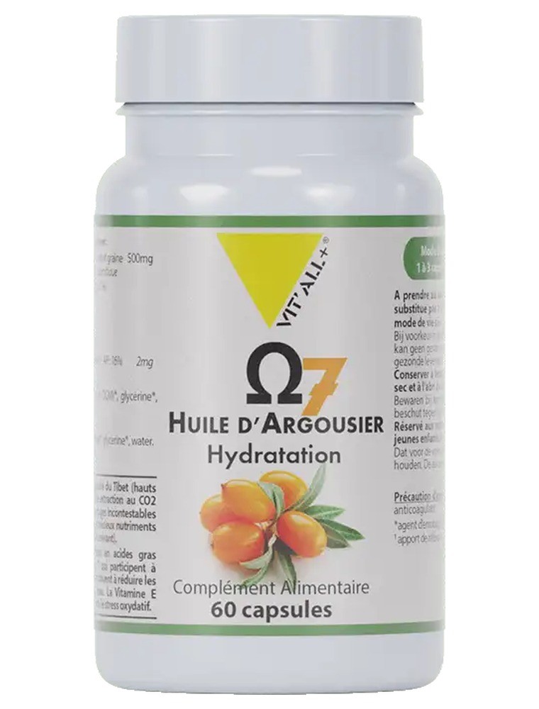 Image principale de la modale pour Oméga 7 Huile d'Argousier 500 mg - Peau et Muqueuses 60 capsules - Vit'all+