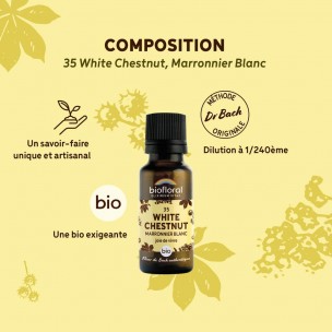 Image 81126 supplémentaire pour White Chestnut n°35 - Vitalité et Joie de Vivre Bio aux Fleurs de Bach en granules 19,5 g - Biofloral
