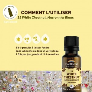 Image 81127 supplémentaire pour White Chestnut n°35 - Vitalité et Joie de Vivre Bio aux Fleurs de Bach en granules 19,5 g - Biofloral